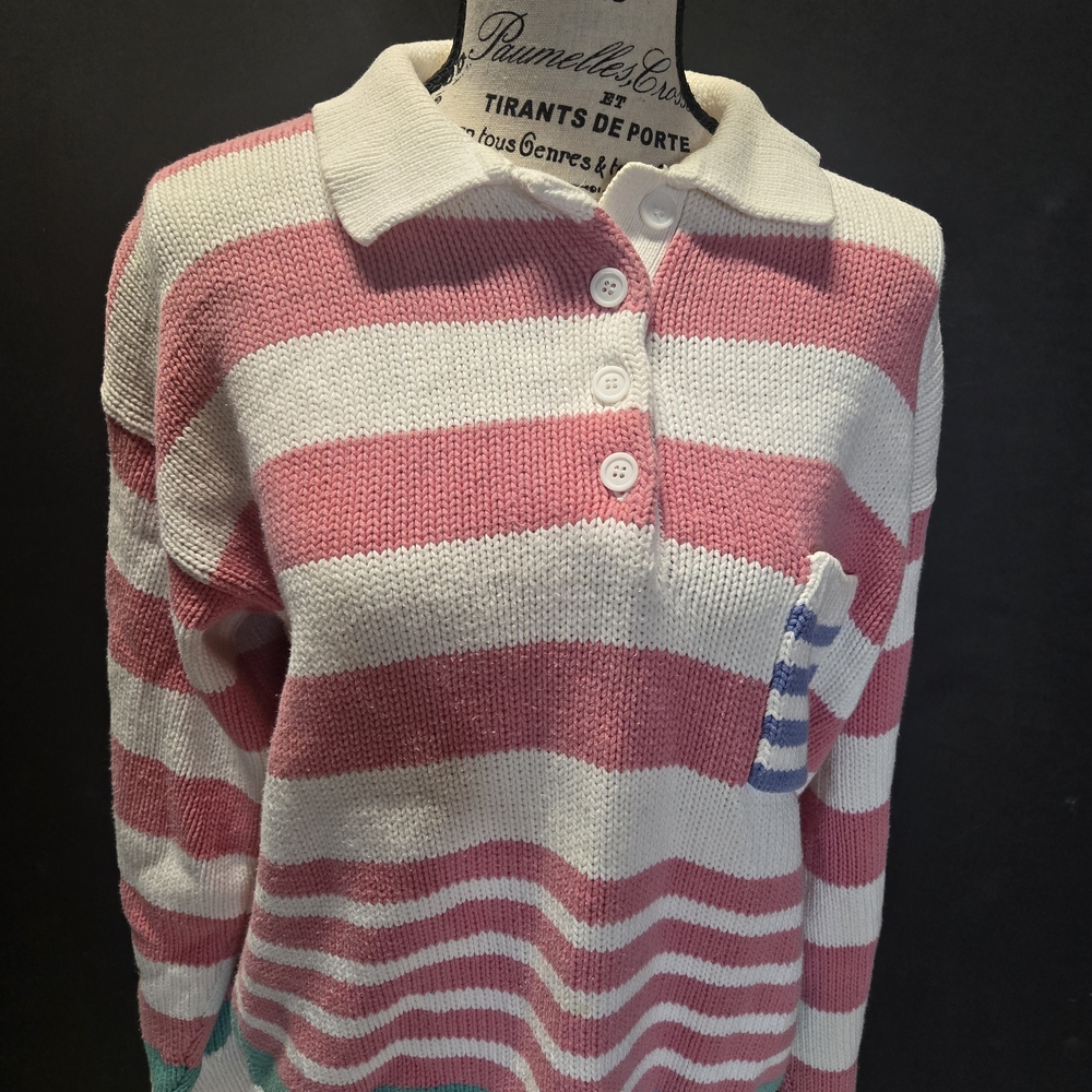 Vintage 90's Eddie Bauer Striped Pink Green Blue Sweater Size Large